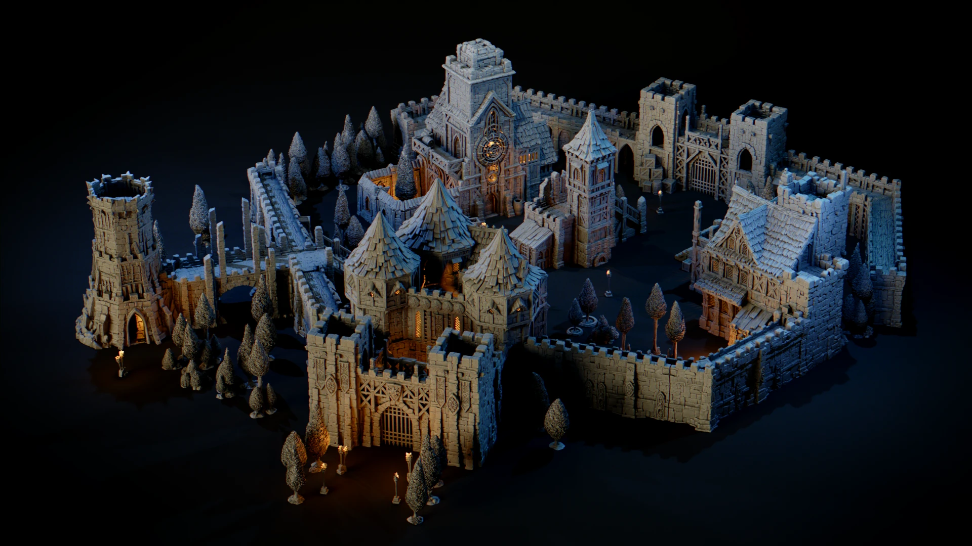 Original Kingdom of Guardia buildings, towers and gates arranged within medieval walls