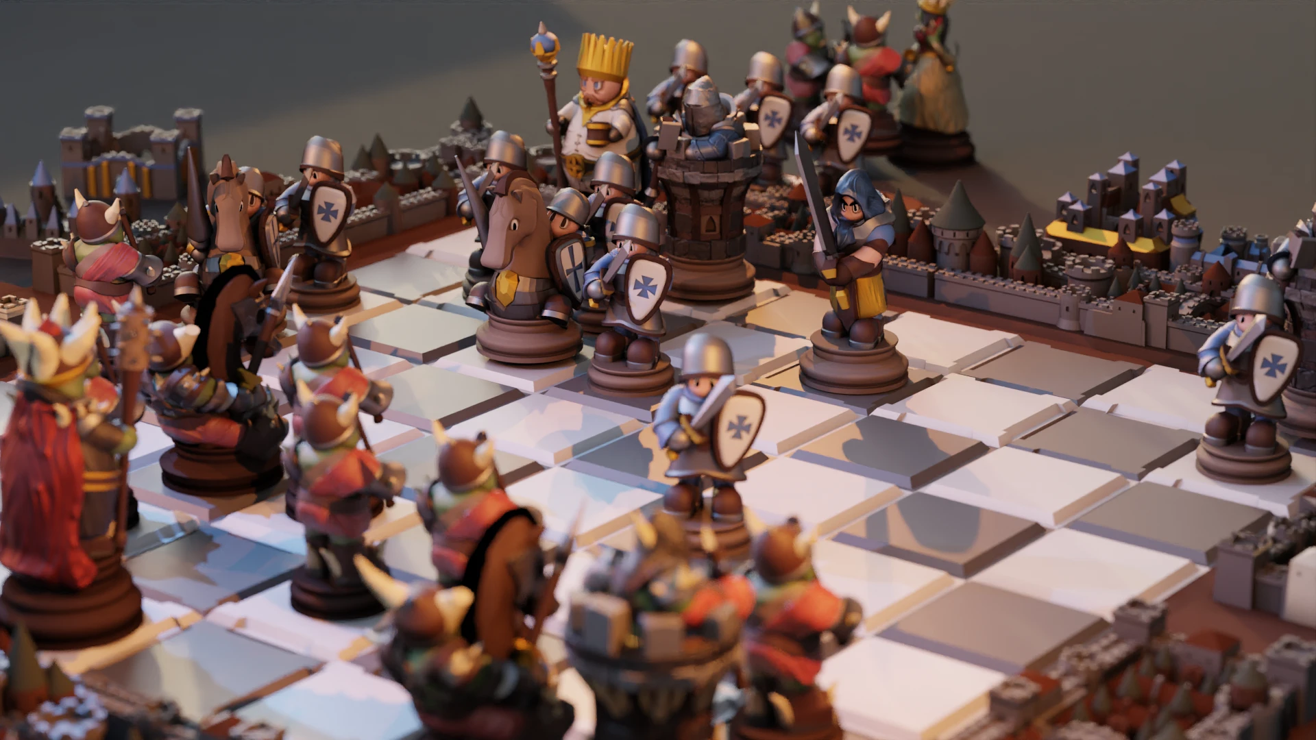 Colorful Knights and Ogres facing one another across the Hexchess Legends board