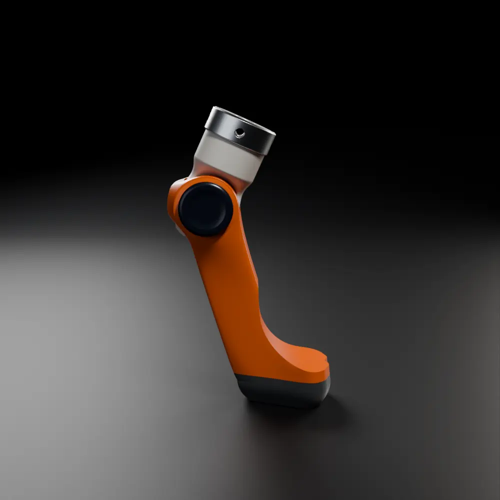 The orange paw seen from the side on a dark studio floor.