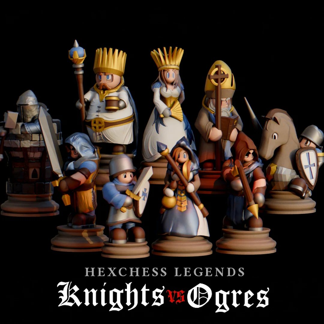 The complete Knights chess set and its three heroes, rendered in blue, white and gold