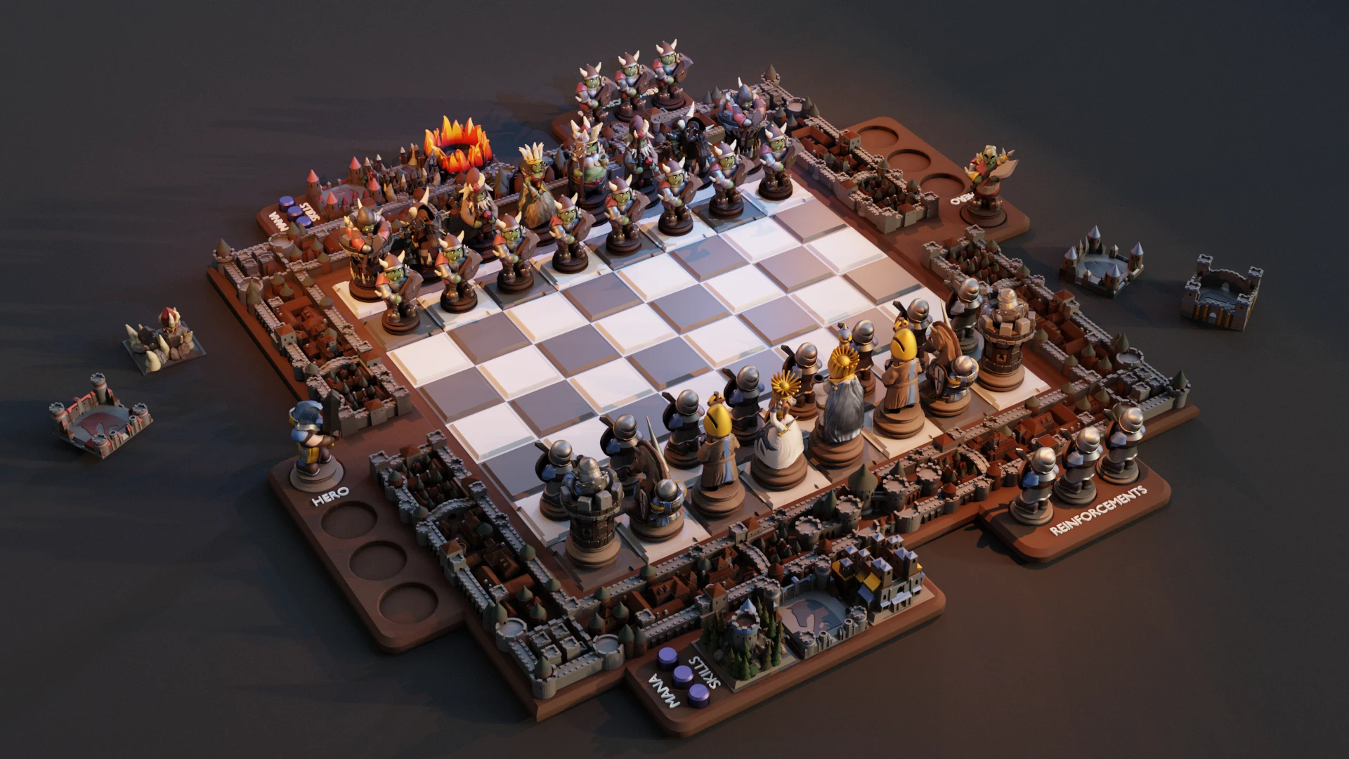 The Knights vs Ogres pieces on their modular board with surrounding accessories
