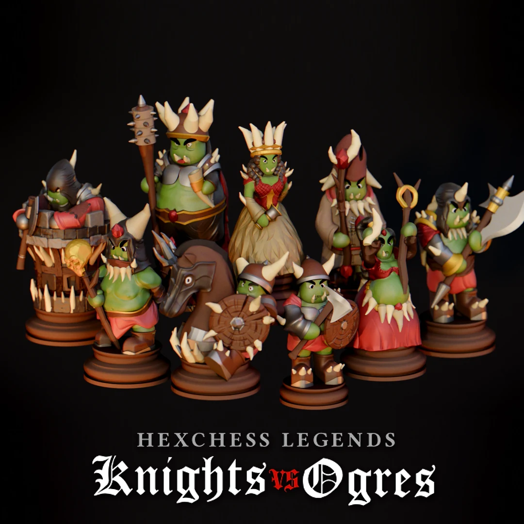 The complete Ogres chess set and its three heroes, rendered with green skin and red armor