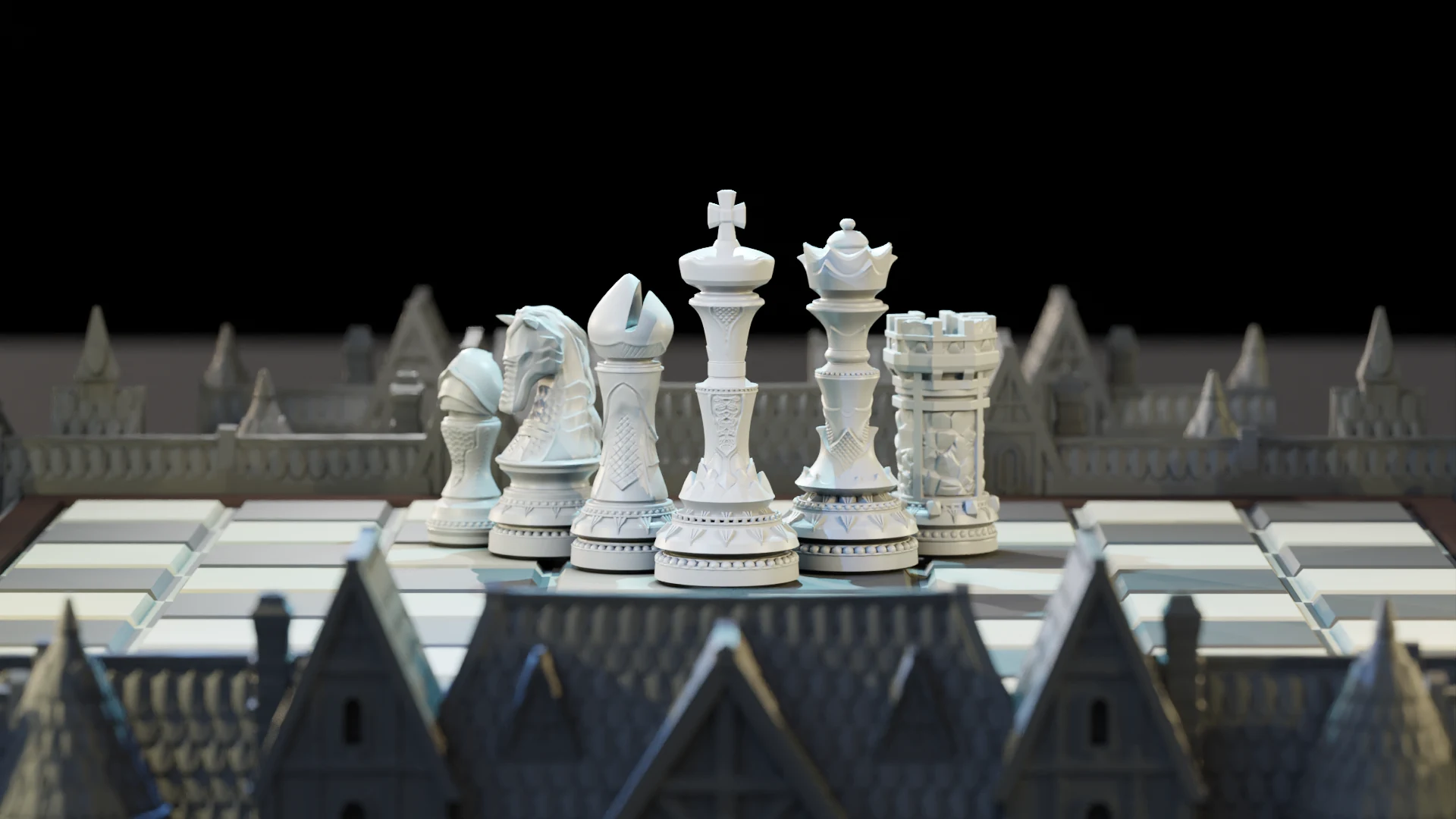 The six sculpted Royals chess pieces standing on the Fortress board
