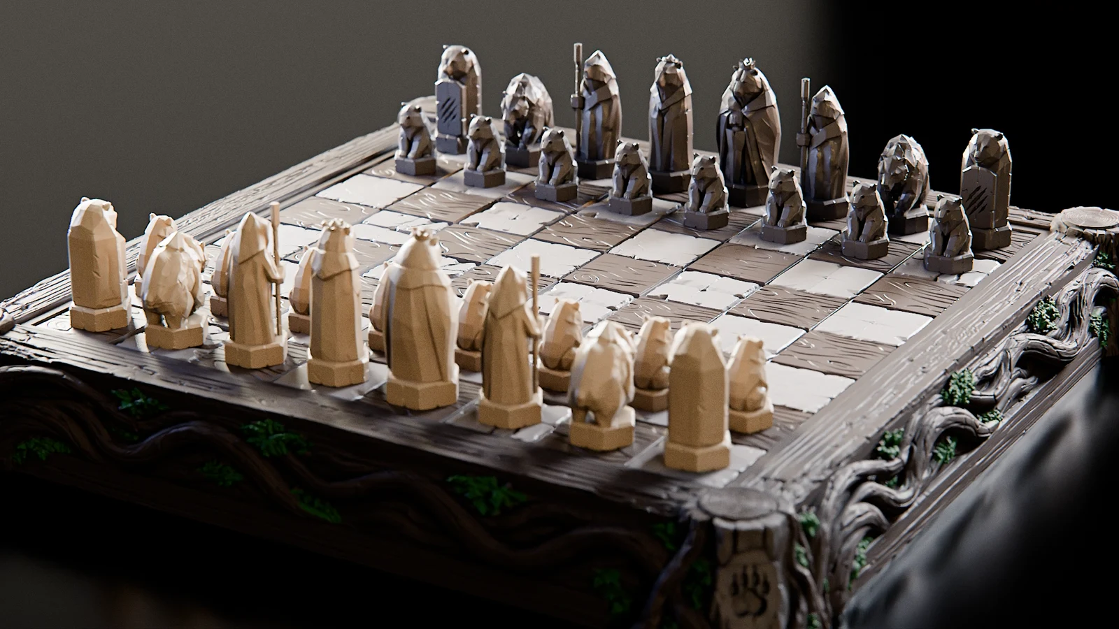 The Bear Clan chess set on a carved forest board