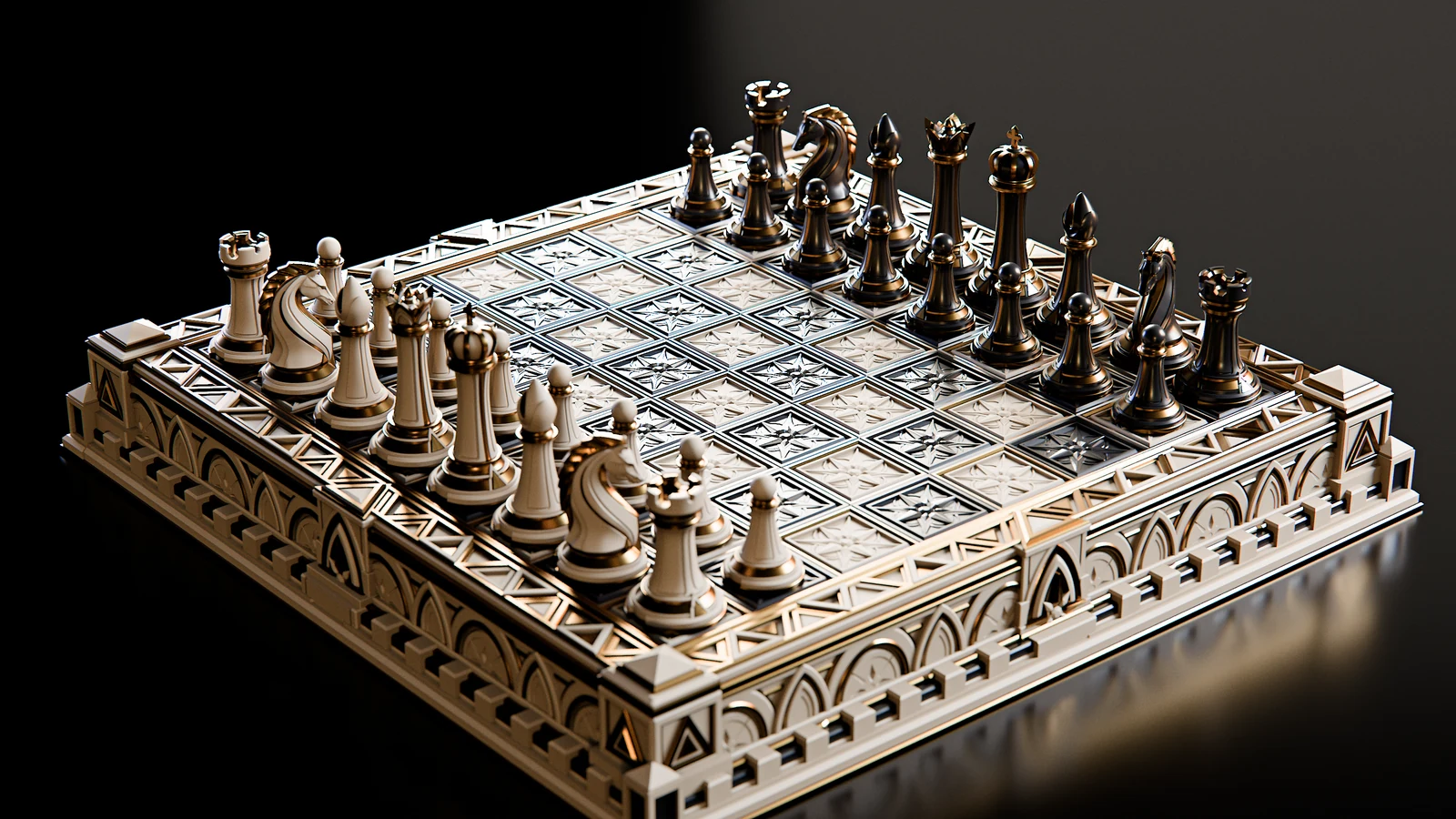 The Imperial chess set on its board