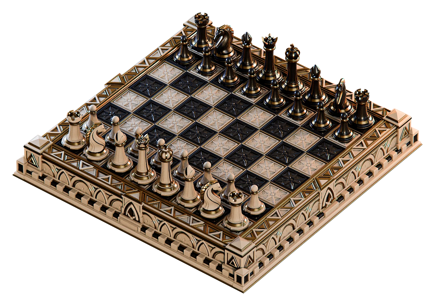 The Imperial chess set on its board, seen from an angle