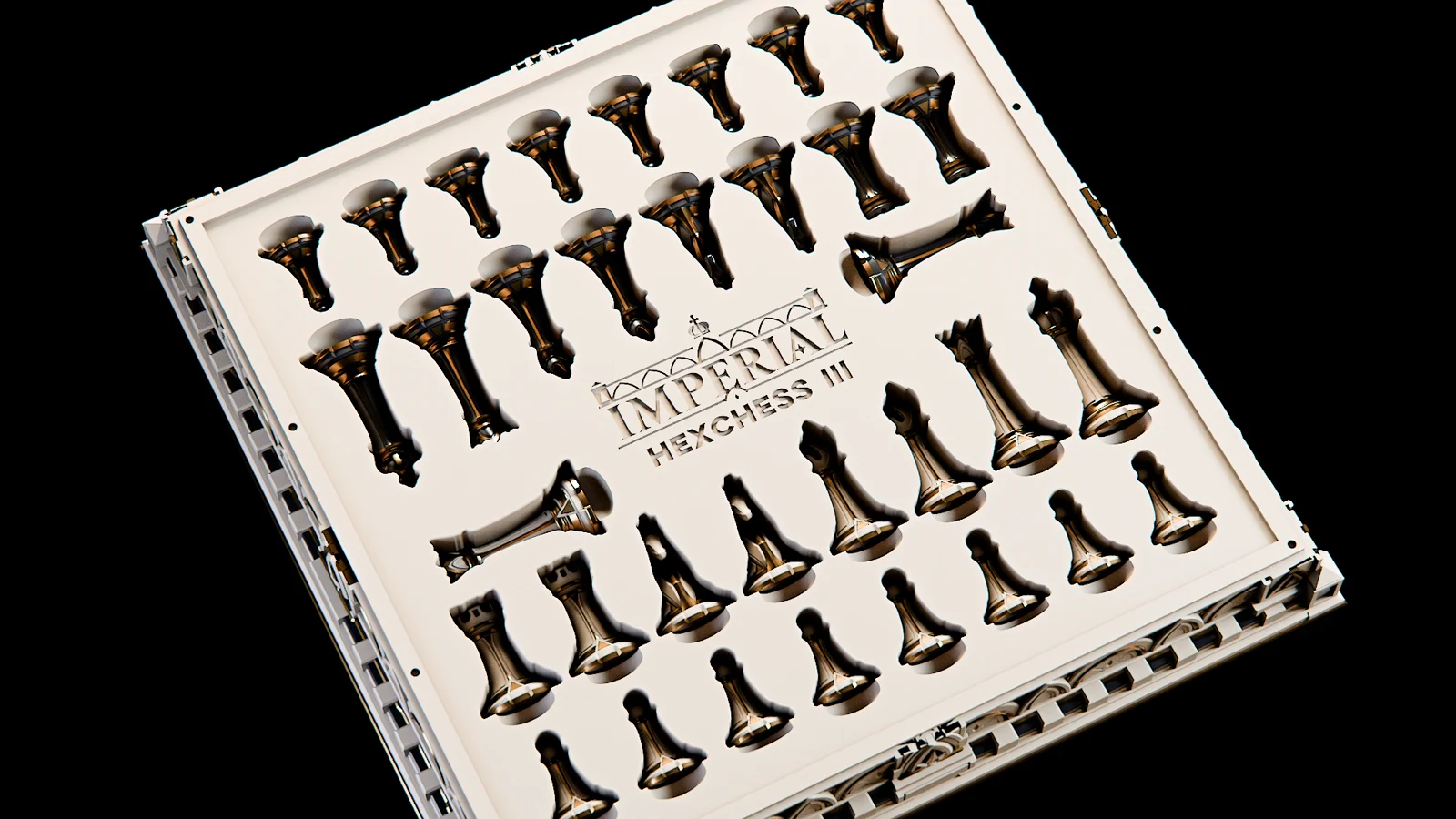 A Hexchess 3 storage tray with every piece in its place