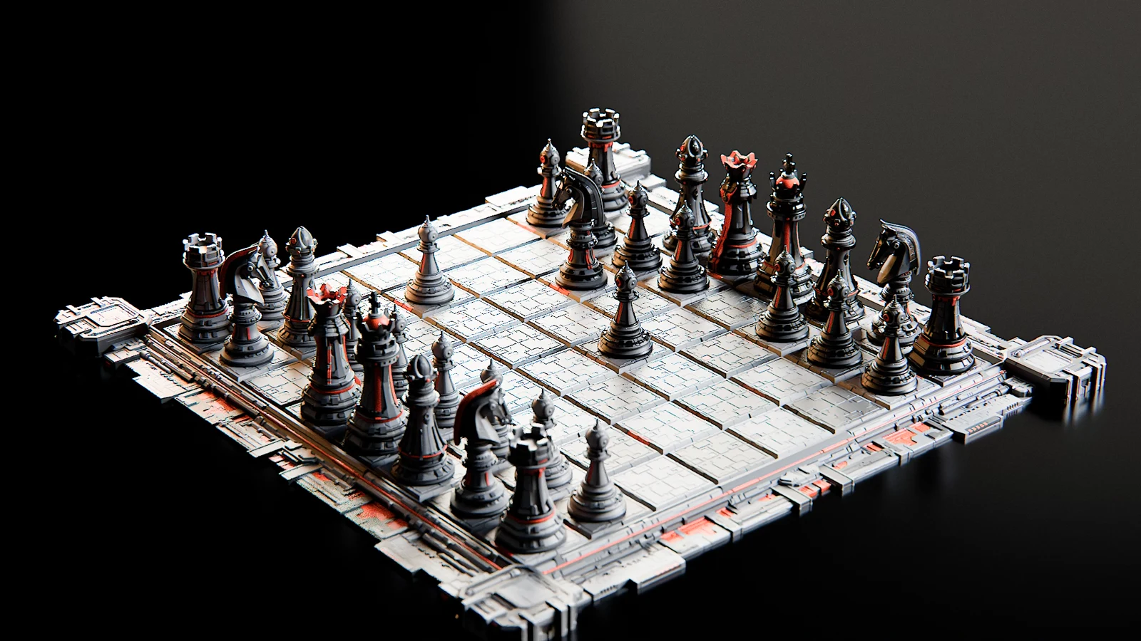 The Vanguard chess set and its storage board