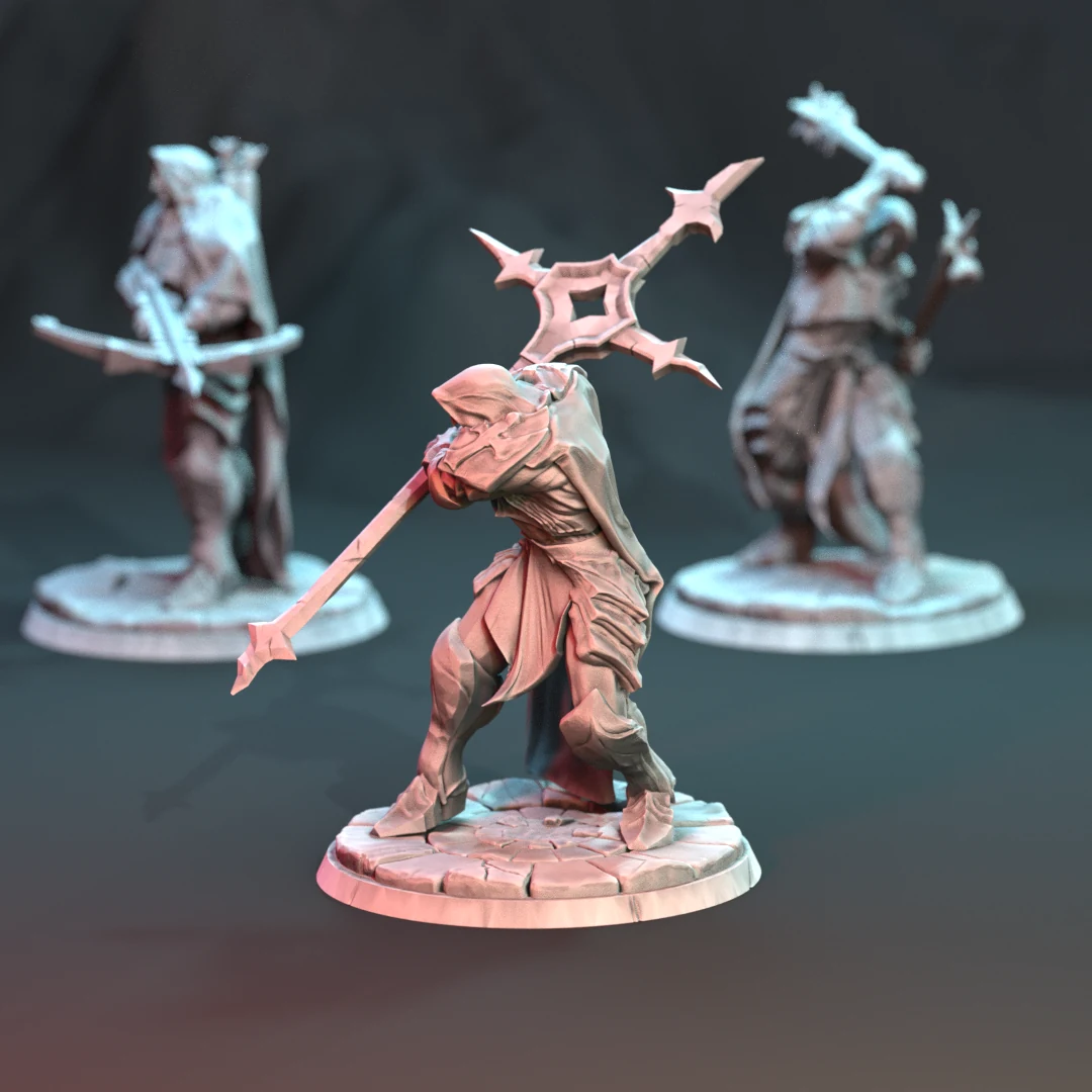 Three Boss Monks, with one in the foreground and two behind