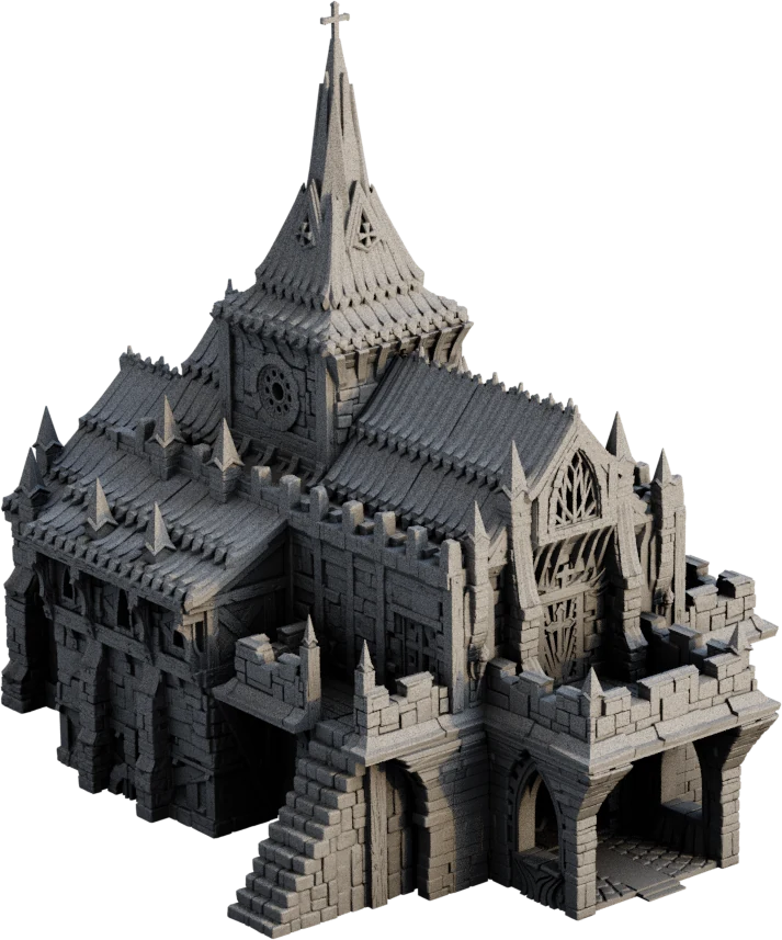 The complete cathedral, with its spires, rose window and side annexes