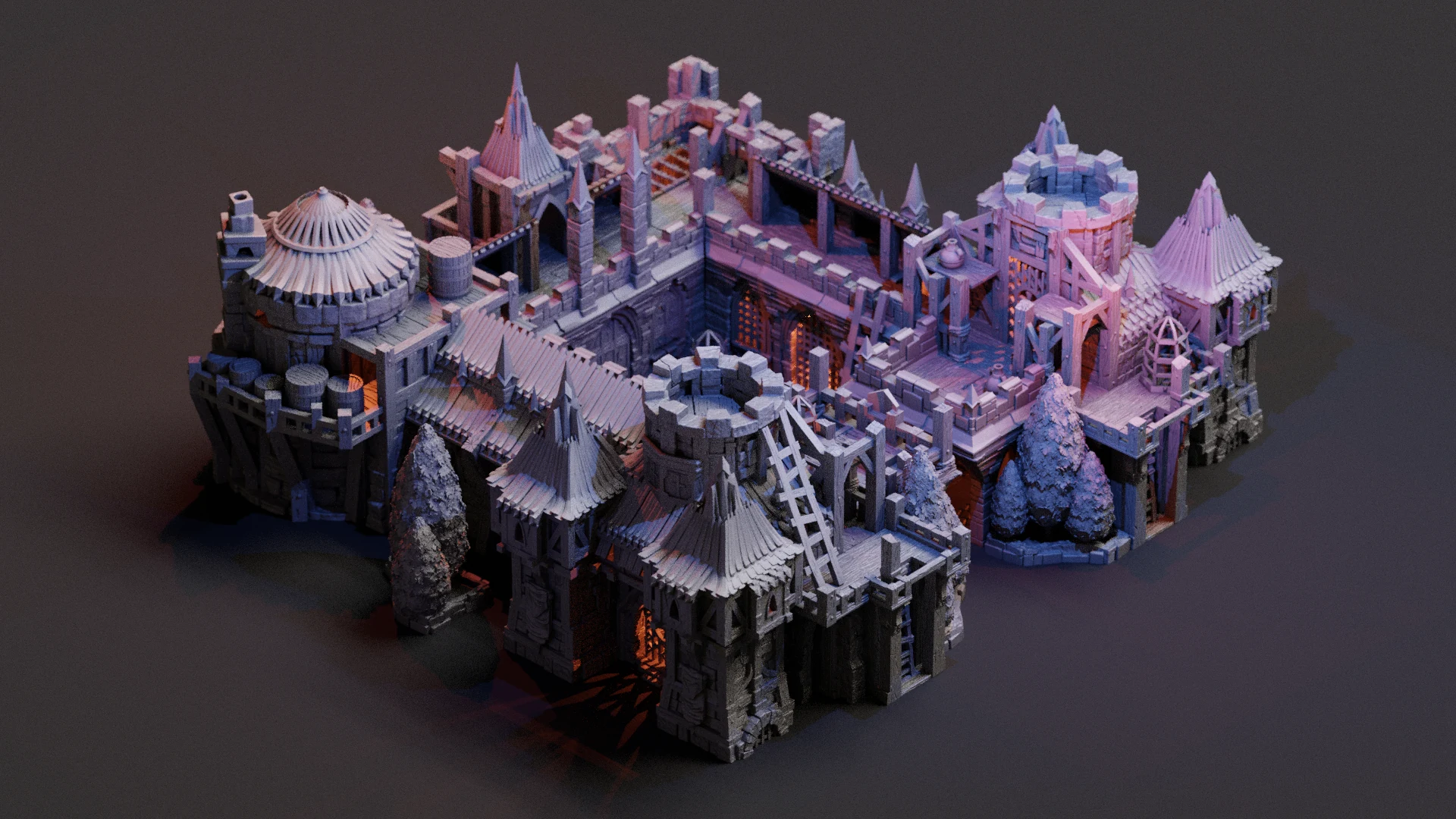 A custom Monastery build arranged around an open courtyard with characters inside
