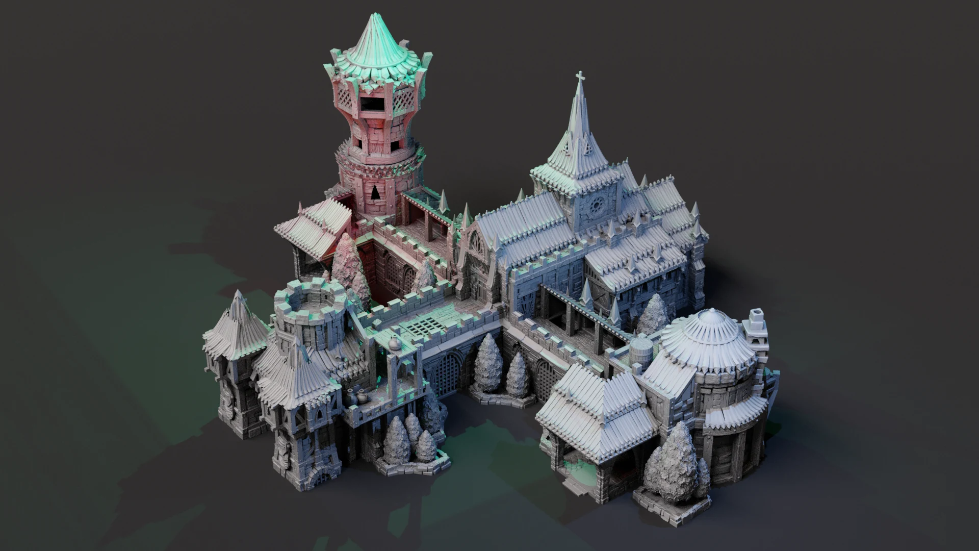 A custom Monastery arrangement with a tall tower, pitched roofs and connecting passages