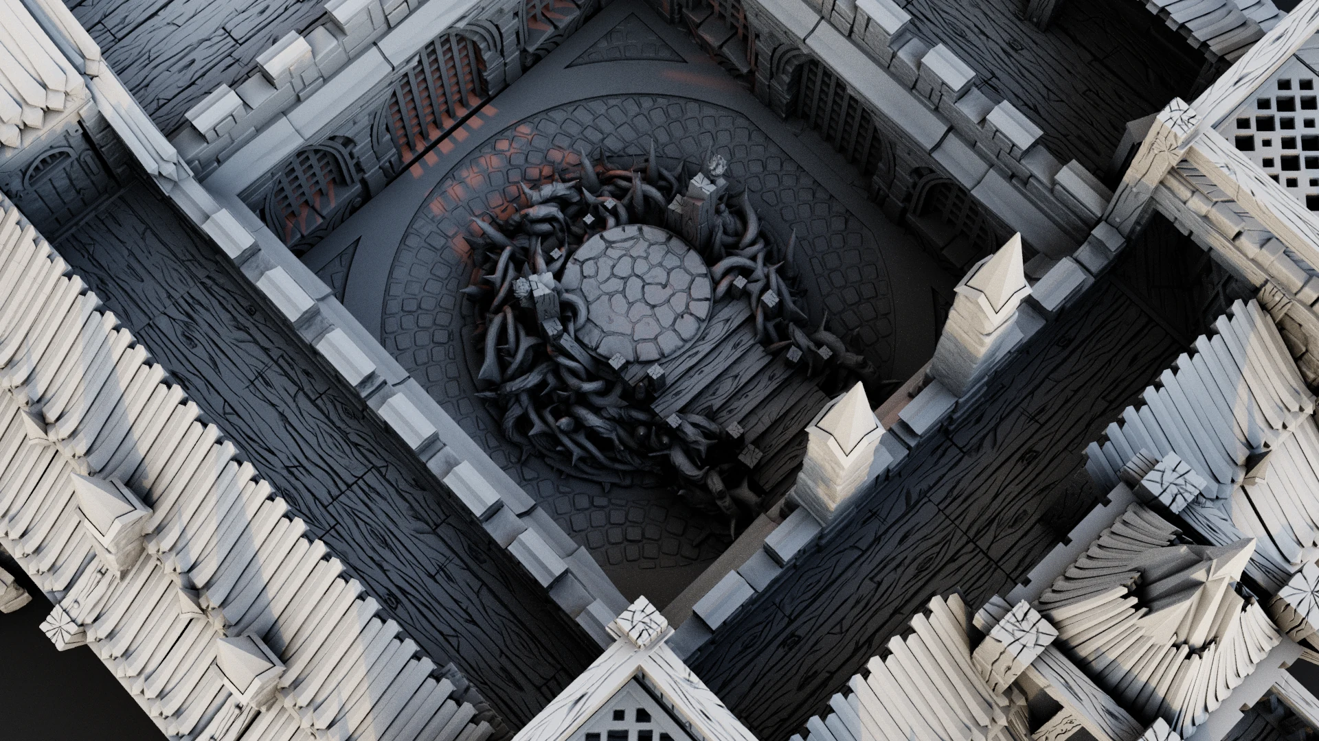 The Crown of Thorns set within the walls of the Inner Cloister, in an original studio render