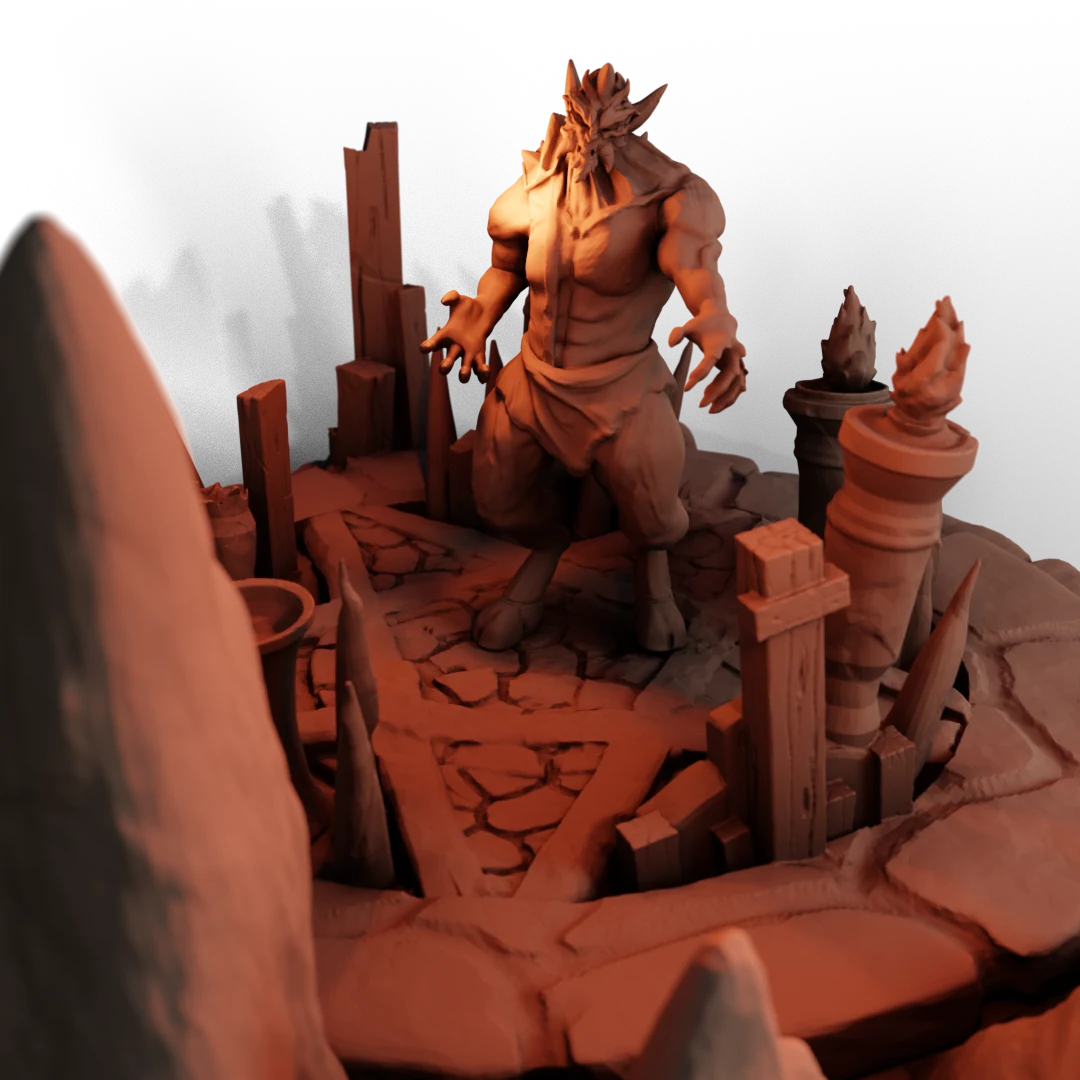 The Demon standing on its summoning grounds, surrounded by stone pillars and flames