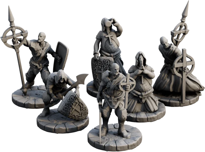 The six Monks, shown together in an original studio render