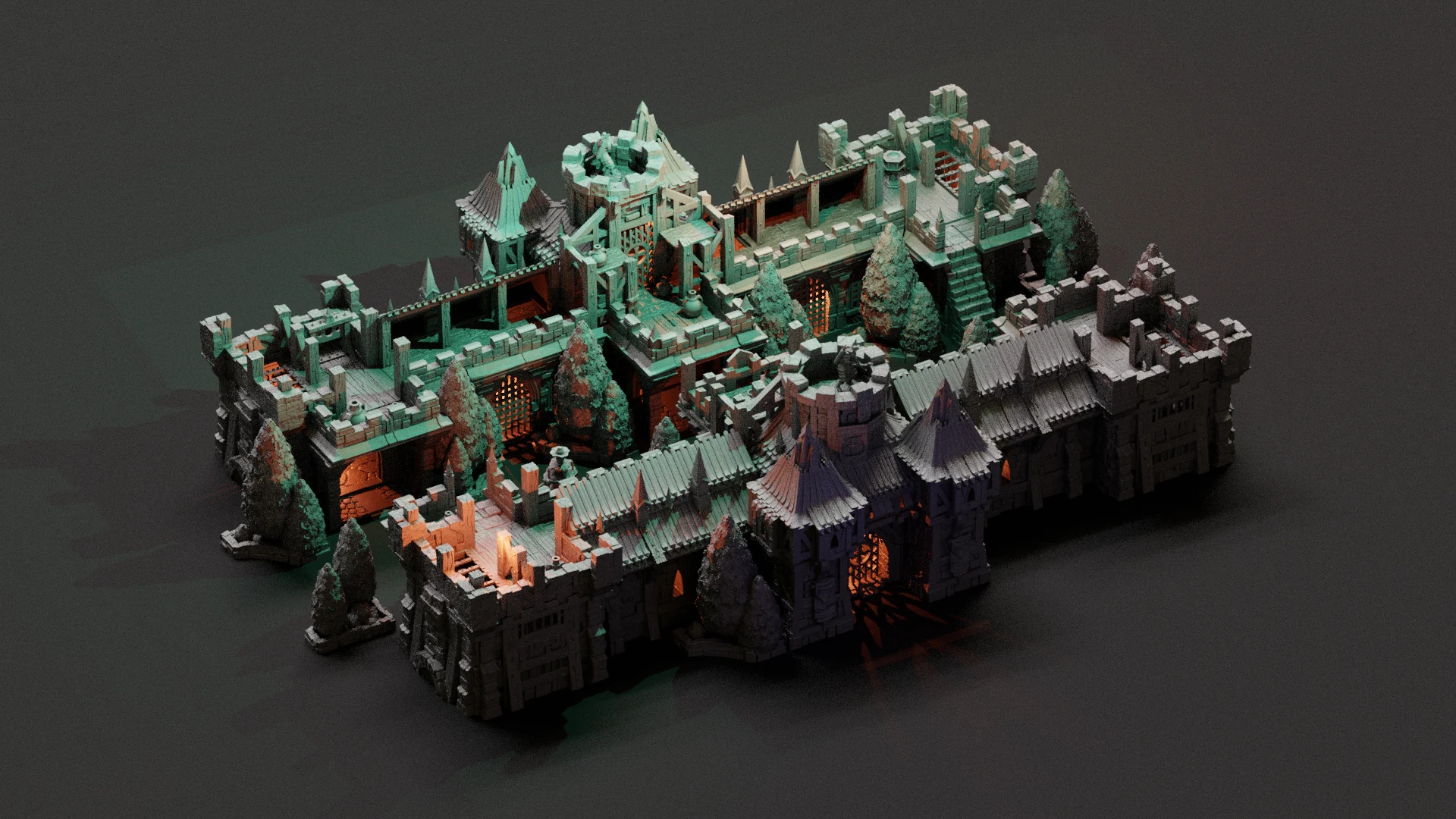 An original green-lit custom Monastery build forming a long line of walls, gateways and towers