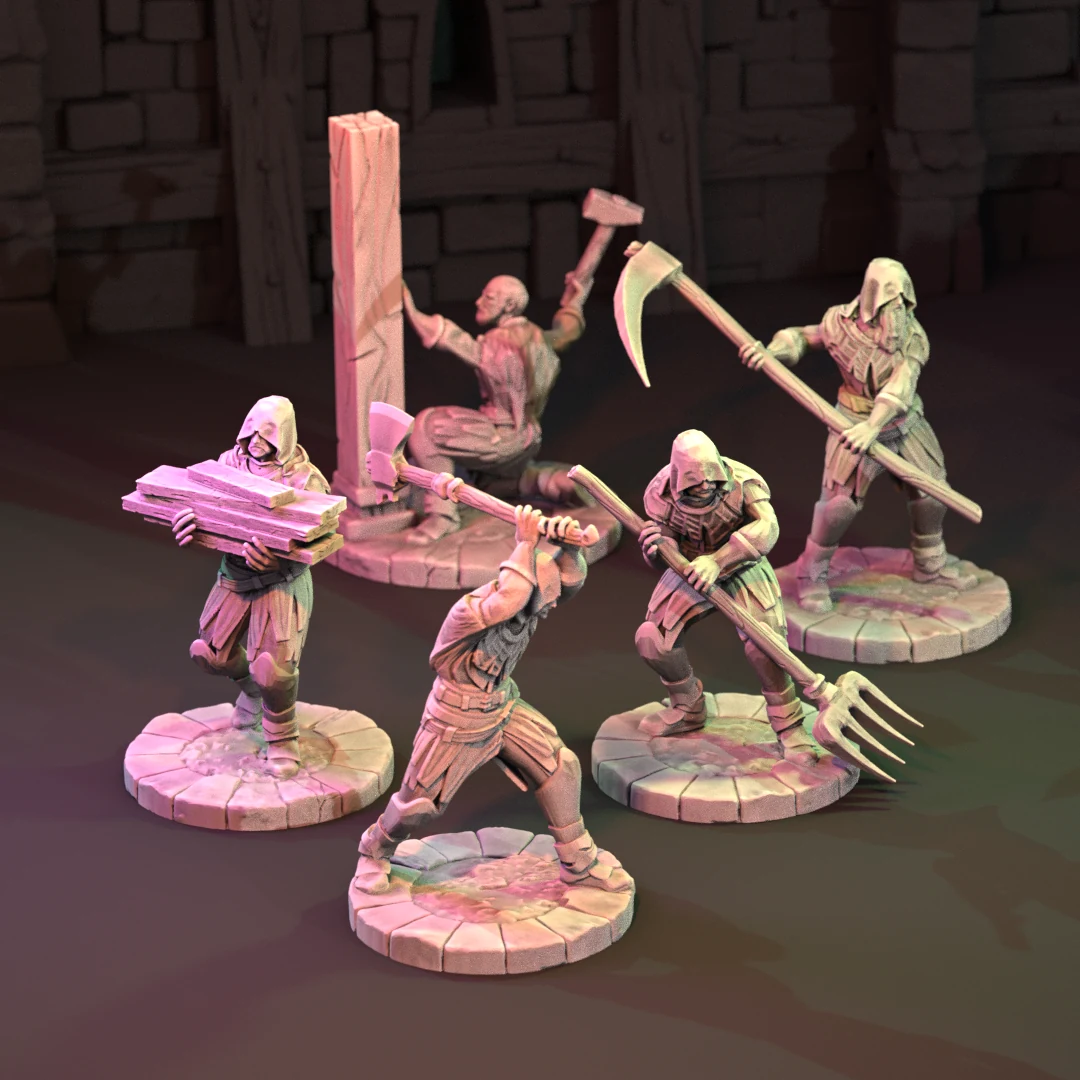 Five Worker Monks with tools, shown together