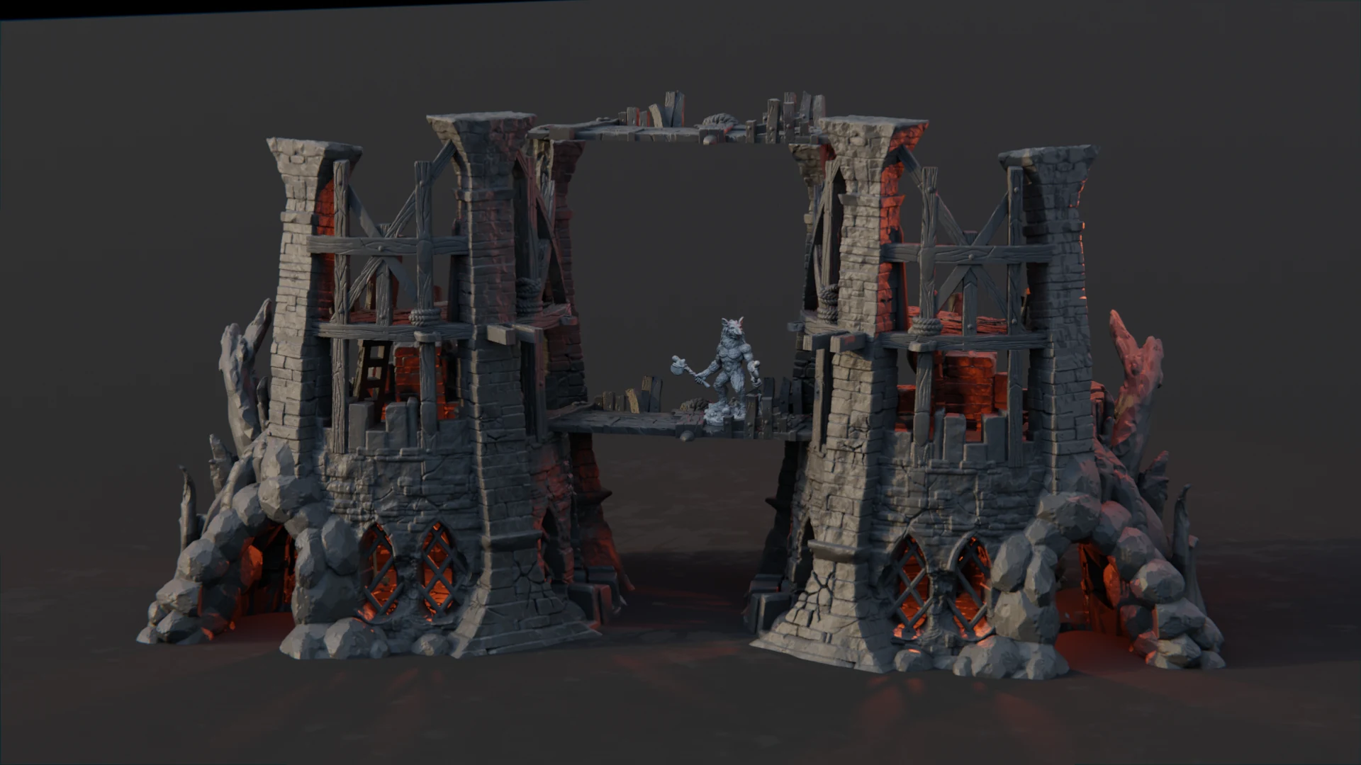 The Ruined Temple, with broken arches, a raised platform and a stairway