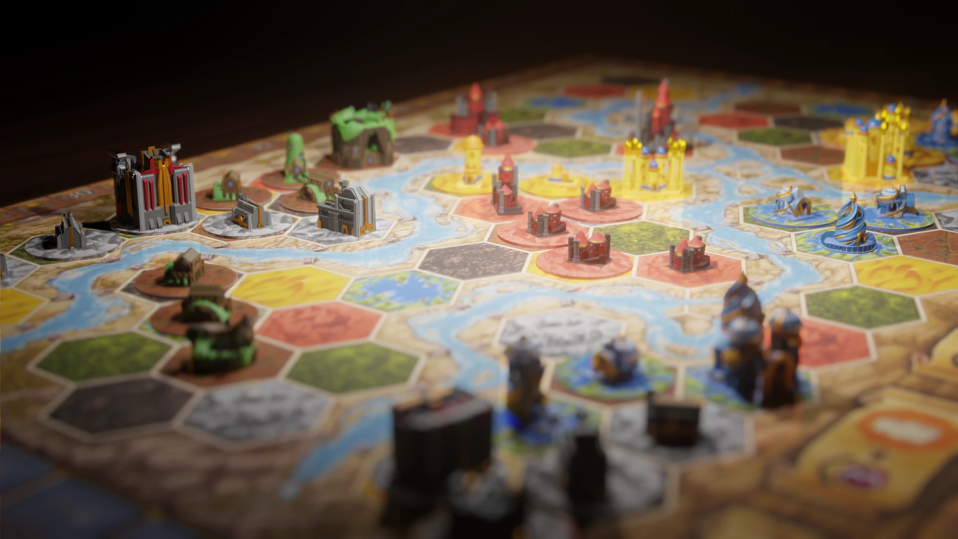 Colorful Legends of Terra buildings arranged on a Terra Mystica board